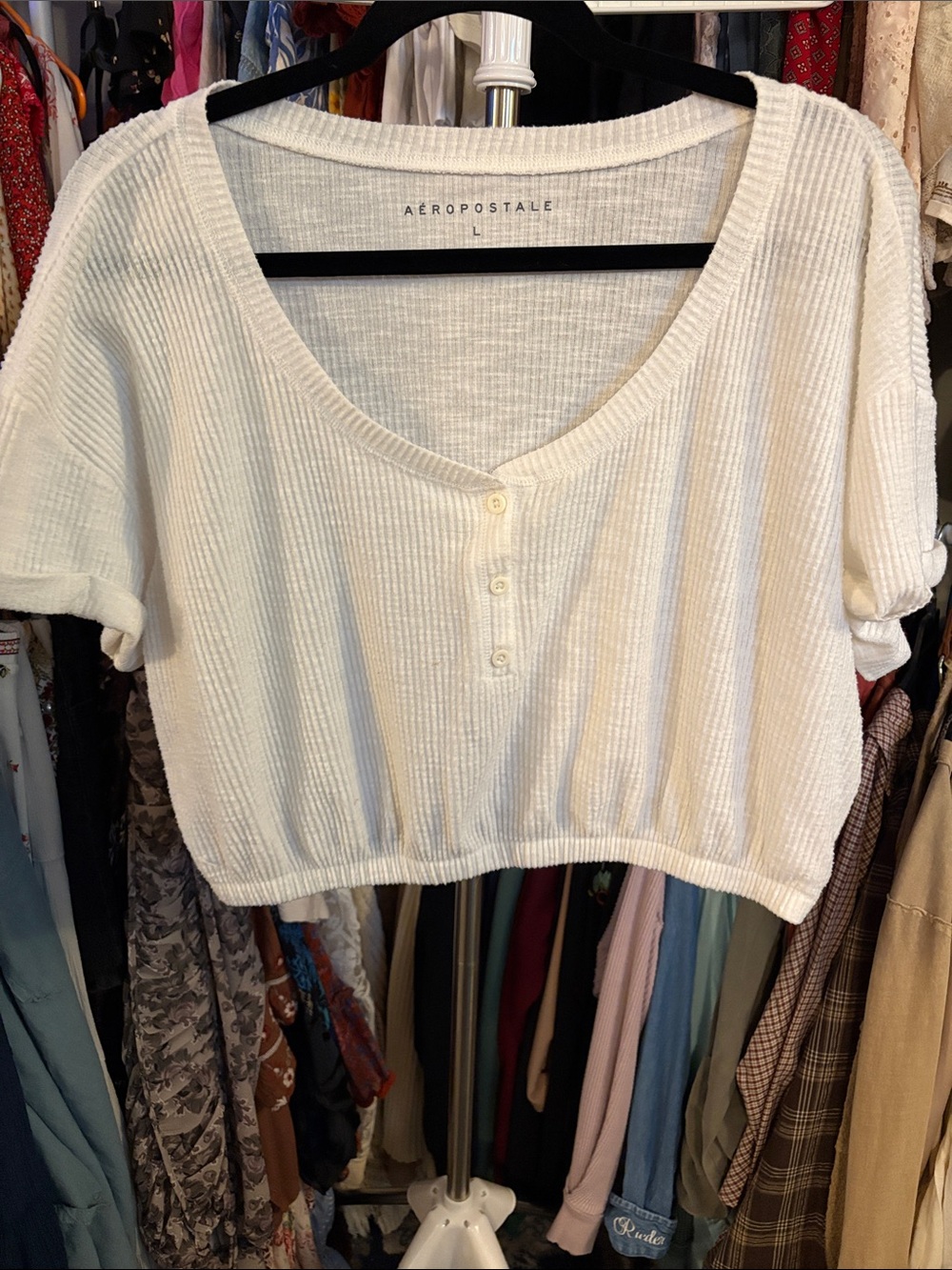 Aeropostale Cream Ribbed Cropped Button-Up Scoop Top
